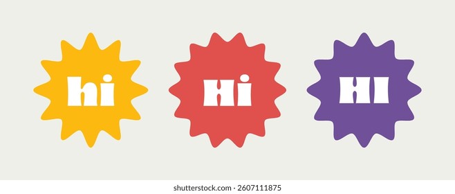 Colourful retro style HI badge icons in yellow, red and purple. Vector design with bold typography and fun starburst shapes for for greetings, social media, or decorative elements.