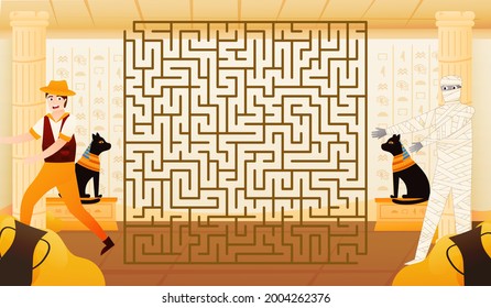 Colourful riddle labyrinth for kids with archaeologist trying to run away from mummy in cartoon style, ancient egypt