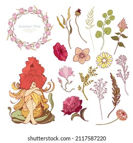 Colourful romantic vector illustrations collection, vintage decorative elements.