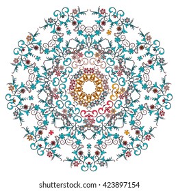 Colourful Round Ornament Pattern Isolated On White Background. Flourish Design For Invitations And Greeting Cards. Mandala. Place For Text. Vector Illustration
