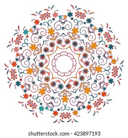 Colourful Round Ornament Pattern Isolated On White Background. Flourish Design For Invitations And Greeting Cards. Mandala. Place For Text. Vector Illustration

