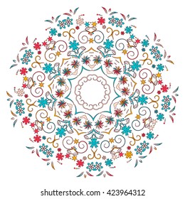 Colourful Round Ornament Pattern Isolated On White Background. Design For Invitations And Greeting Cards. Place For Text. Vector Illustration