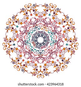Colourful Round Ornament Pattern Isolated On White Background. Design For Invitations And Greeting Cards. Place For Text. Vector Illustration