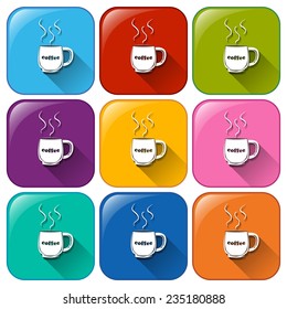 Colourful rounded buttons with cups of coffee on a white background 