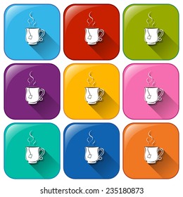 Colourful rounded buttons with cups of tea on a white background 