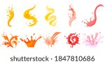 Colourful row with spiral, pouring, falling, flowing spattering splash and squirt. Splattered pure juice, lemonade, cocktail shake or jam vector illustration isolated set on white background