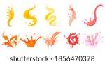 Colourful row with spiral, pouring, falling, flowing spattering splash and squirt. Splattered pure juice, lemonade, cocktail shake or jam vector illustration isolated set on white background