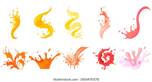 Colourful row with spiral, pouring, falling, flowing spattering splash and squirt. Splattered pure juice, lemonade, cocktail shake or jam vector illustration isolated set on white background