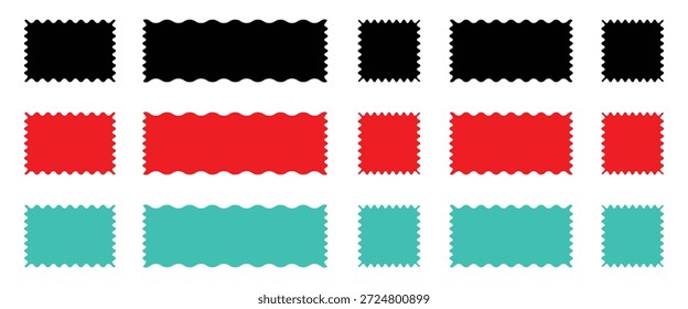 Colourful scalloped frames. Geometric shapes stickers with zigzag wavy edge. Rectangle shape frame with wavy edge. 