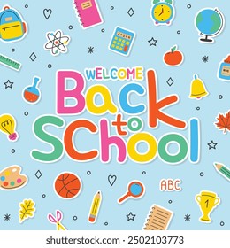 Colourful school background with cartoon icons. Vector illustration