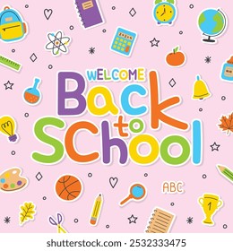 Colourful school background with cartoon icons. Vector illustration