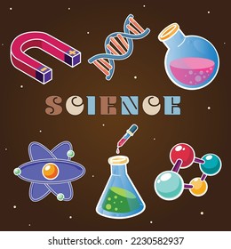 Farbige Vektorgrafiken aus der Wissenschaft mit Magnet, DNA, Chemiefaser, Atom, Reagenzglas mit Tröpfchen und Molekülsymbolen auf braunem Hintergrund und Wissenschaftstext.