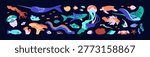 Colourful sea life set. Ocean animals- different fish, shark, turtle, ray, jellyfish, squid, narwhal. Abstract undersea nature. Underwater algae. Coral reef fauna. Flat isolated vector illustrations