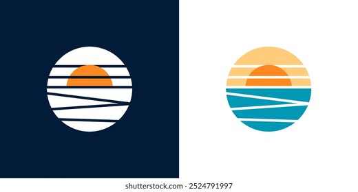 Colourful Sea and sunset logo icon. Flat style logo design vector eps