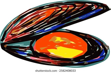 Colourful seafood. Hand drawn marker vector isolated sketch. Mussel 