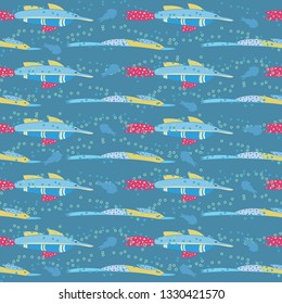 Colourful seamless background with ocean fishes, algae and water bubbles