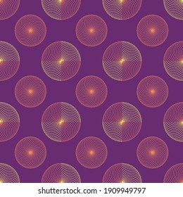 Colourful seamless geometric pattern of  circles on a purple background. Simple geo pattern. Clothing fabric print.