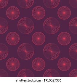 Colourful seamless geometric pattern of  circles on a purple background. Simple geo pattern. Clothing fabric print.