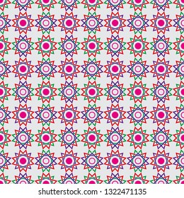 Colourful seamless geometrical pattern. A modern ornament from multi-colored triangles in the form of a star and circles. Vector graphics.