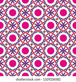 Colourful seamless geometrical pattern. A modern ornament from multi-colored triangles in the form of a star and circles. Vector graphics.