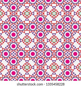 Colourful seamless geometrical pattern. A modern ornament from multi-colored triangles in the form of a star and circles. Vector graphics.