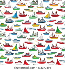 Colourful seamless marine pattern. Various hand-drawn nautical vehicles on white background. Lightship, fireboat, fishing trawler, speedboat, sailboat and motorboat.