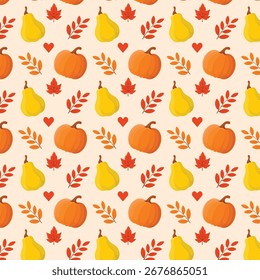 Colourful seamless pattern with autumn leaves and pumpkins. Fall season vector illustration. 