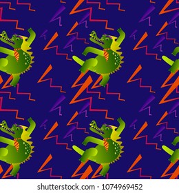 Colourful seamless pattern bright lightnings and a crocodile in a stress against a dark background.