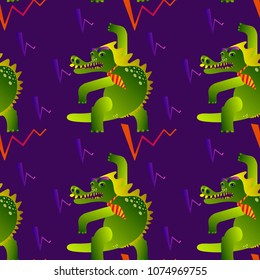 Colourful seamless pattern bright lightnings and a crocodile in a stress against a dark background.