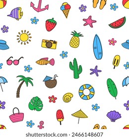 Colourful seamless pattern with cartoon summer elements. Vector illustration