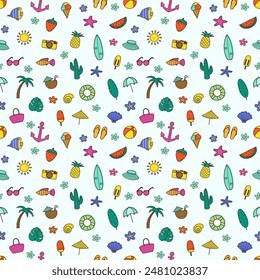 Colourful seamless pattern with cartoon summer elements. Vector illustration