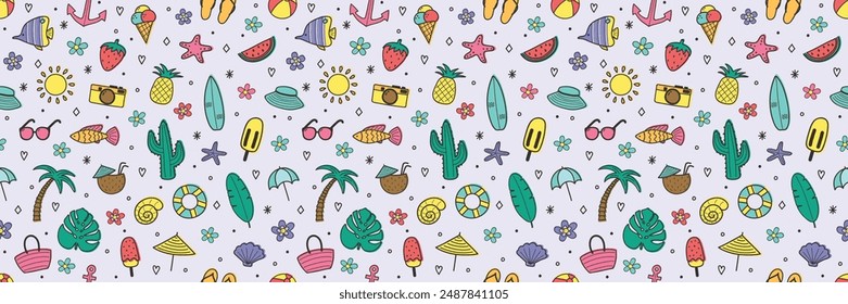 Colourful seamless pattern with cartoon summer elements. Vector illustration