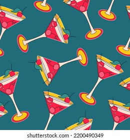 Colourful seamless pattern with cocktail glasses. Party sticker design in vintage style. Vector illustration.