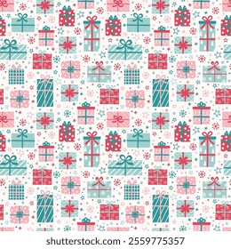 Colourful seamless pattern with cute cartoon presents. Banner. Vector illustration