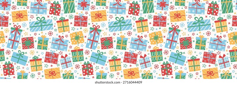Colourful seamless pattern with cute cartoon presents. Banner. Vector illustration