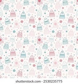 Colourful seamless pattern with cute hand drawn winter hats. Christmas background concept. Vector illustration