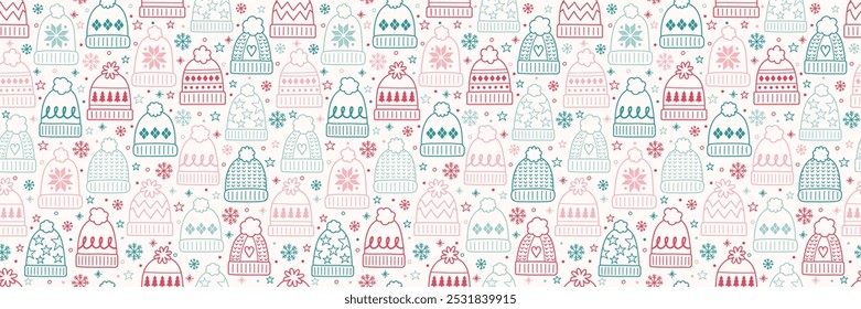 Colourful seamless pattern with cute hand drawn winter hats. Christmas background concept. Banner. Vector illustration