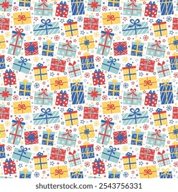 Colourful seamless pattern with cute hand drawn presents. Christmas background concept. Banner. Vector illustration