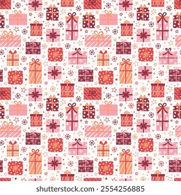 Colourful seamless pattern with cute hand drawn presents. Christmas background concept. Banner. Vector illustration