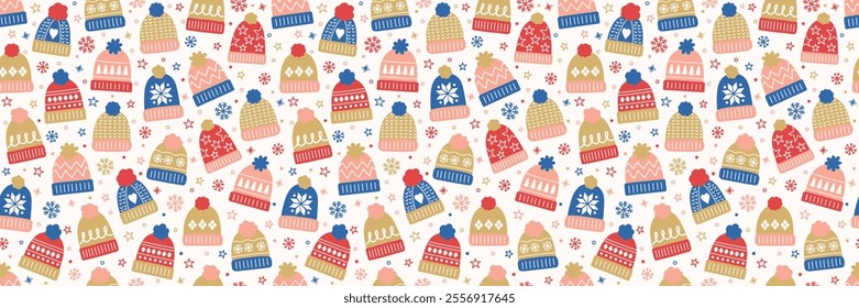 Colourful seamless pattern with cute hand drawn winter hats. Christmas background concept. Banner. Vector illustration