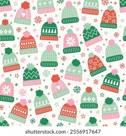 Colourful seamless pattern with cute hand drawn winter hats. Christmas background concept. Vector illustration