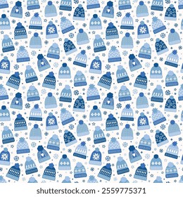 Colourful seamless pattern with cute hand drawn winter hats. Christmas background concept. Vector illustration