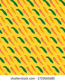 Colorido patrón sin costura con zanahorias kawaii lindas y zuccini sobre fondo amarillo. Ilustración vectorial dibujada a mano, vegetales sanos. Graciosa impresión de arte de doodle de verano.