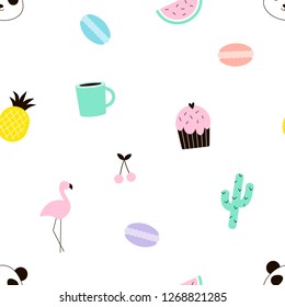 colourful seamless pattern with cute summer objects, flamingo, cactus, pineapple, sweets, panda, cherry, flat vector design
