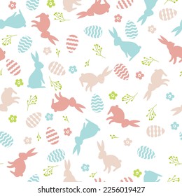 Colourful seamless pattern with decorative eggs, bunnies and flowers. Easter background. 