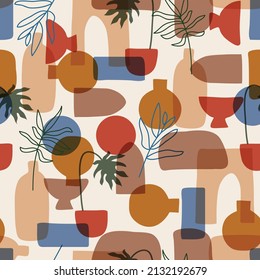 Colourful Seamless pattern with decorative flowers and leaves in vase,Modern style ,pot, cup.Vector illustration EPS10,Design for fashion , fabric, textile, wallpaper, wrapping and all print