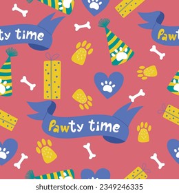 Colourful seamless pattern for dog birthday party. Vector hand drawn design with paws, gift box, bones and ribbon on red background.