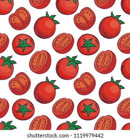 Colourful seamless pattern in doodle style with the image of fresh vegetables. Vector background.