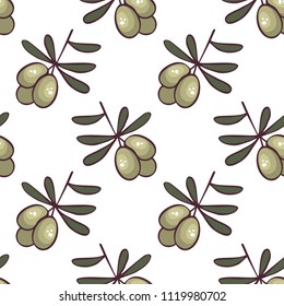 Colourful seamless pattern in doodle style with the image of olives. Vector background.