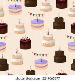 Colourful seamless pattern with festive wedding or anniversary cakes on a beige background. Flat vector illustration.